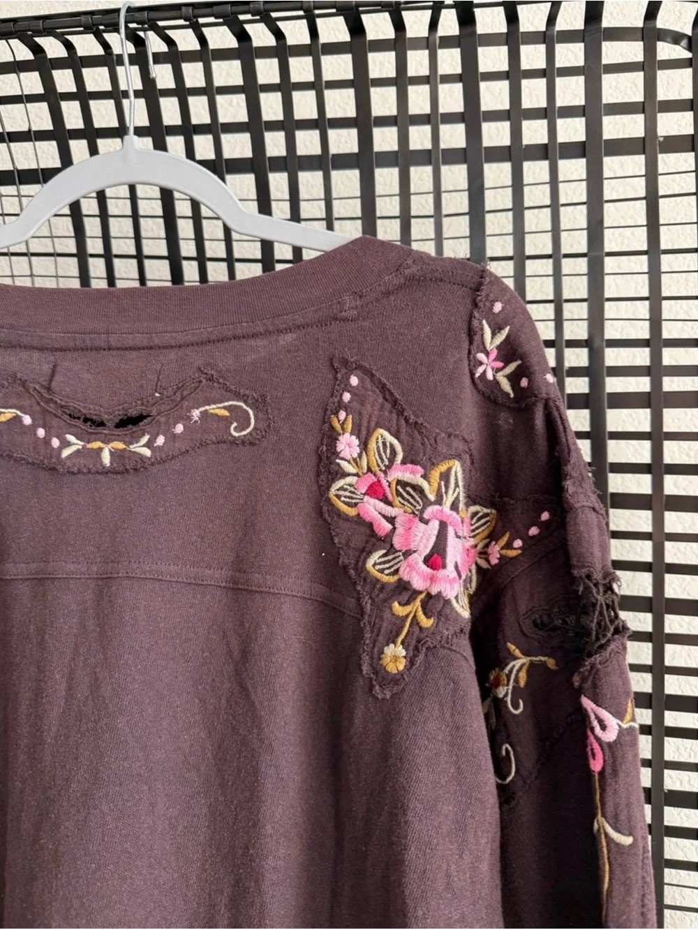 NWT Free People “we the free” Embroidered Brown Lilith Distressed '72' tee